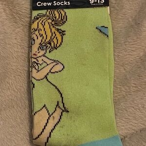 NWT Disney Tinkerbell Green Crew Socks with Peter Pan Tink Design